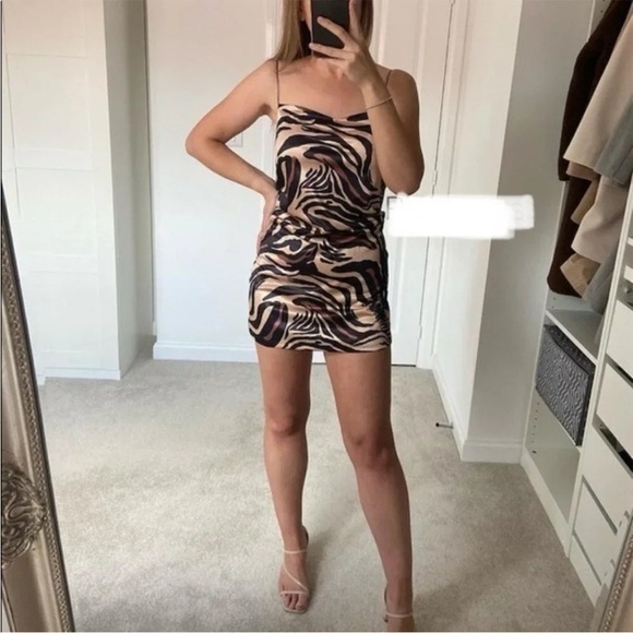 Zara Tiger Animal Print Cowl Neck Satin Slip Mini Dress Size Medium Brown Tan - Picture 8 of 16